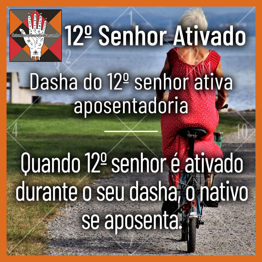 Dasha do 12º Senhor ativa aposentadoria, se o nativo estiver nesta idade — mas, caso não esteja, então ativa viagem ou mudança para o exterior, hospitalização ou algum tipo de distanciamento do meio familiar.