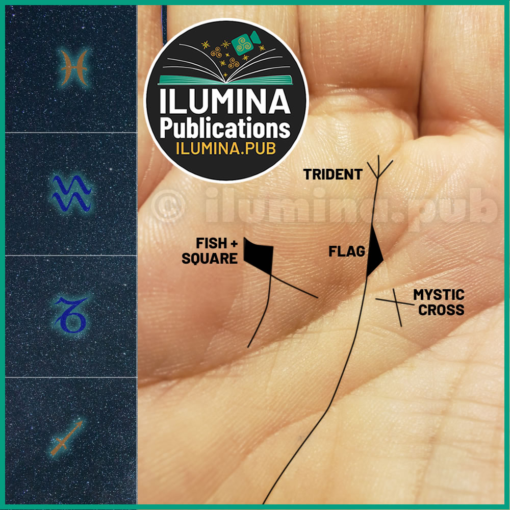 Trident at the end of the Saturn Line, a Flag on the Saturn Line, a Square on the Mount of Sun, and the Mystic Cross